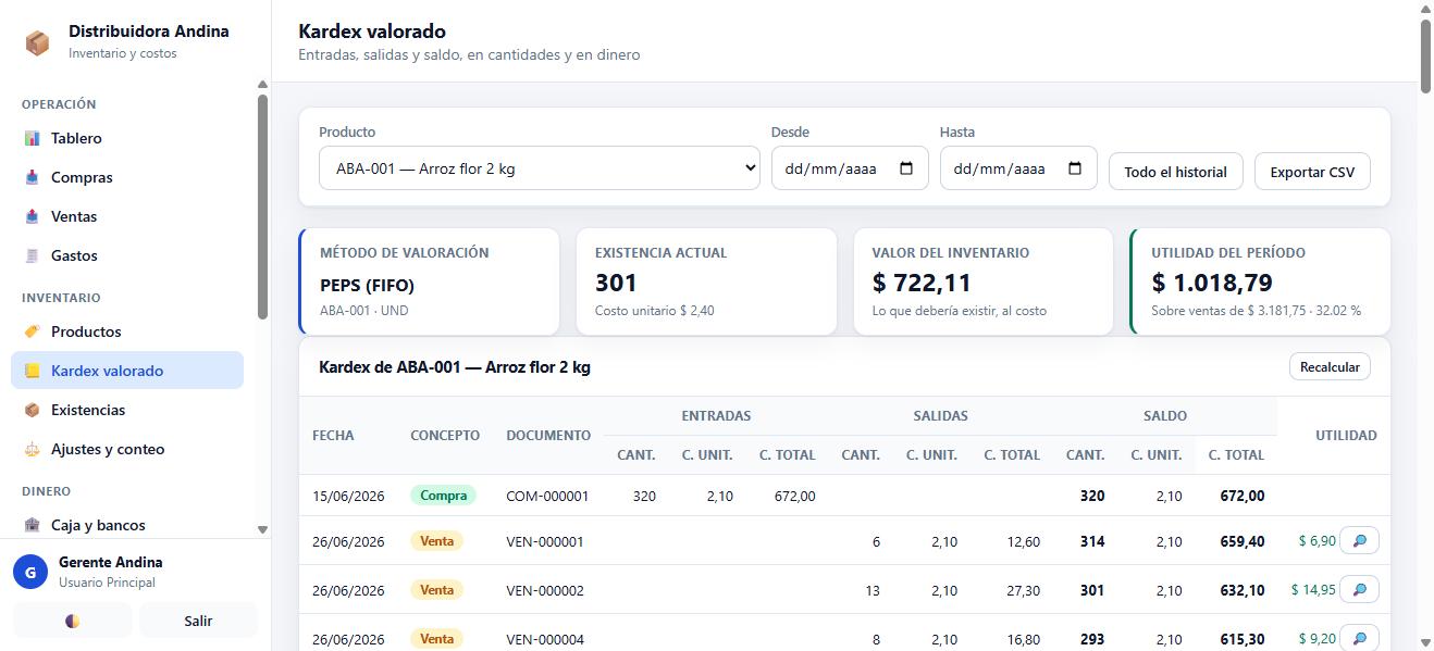 Kardex valorado de un producto por método PEPS, con entradas, salidas, saldo y utilidad de cada movimiento