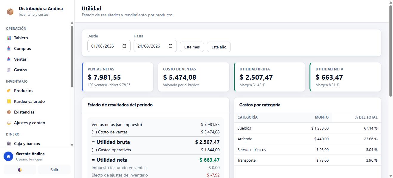 Estado de resultados con ventas netas, costo de ventas valorado por el kardex, utilidad bruta y neta, y gastos por categoría